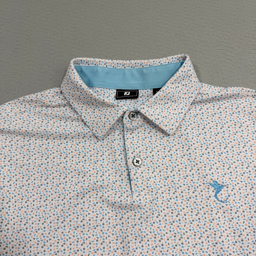 FootJoy Golf Shirt Large White Geometric Sandals Golf Ocho Rios Jamaica Polo
